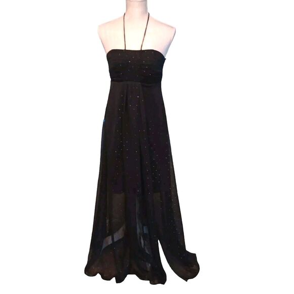 Black Halter Dress 2 Maxi Sheer Slit Sparkle Pleated White House Black Market - Picture 1 of 11